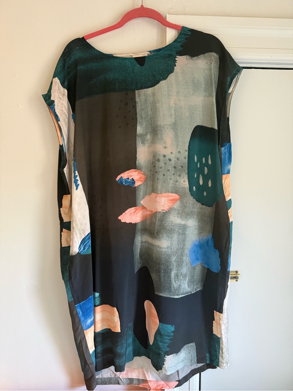 Elk Abstract Midi Dress in Teal, Coral & Blue